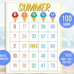 Summer Bingo, 100 Summer Bingo Cards, Summer Party Bingo, Summer Game, Summer Activity, Kid&#39;s Printable Bingo Game, Summer Bingo Game