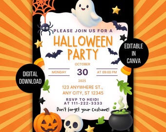 May include: A Halloween party invitation with a black background and orange accents. The design includes a ghost, bats, a pumpkin, and a skull. Text reads "Halloween Party" and "Digital Download".