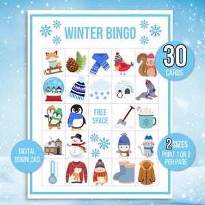 Bingo de inverno, 30 cartões de bingo de inverno para impressão, atividade de inverno para crianças, jogo de festa de inverno para crianças, atividade de sala de aula de inverno, download instantâneo