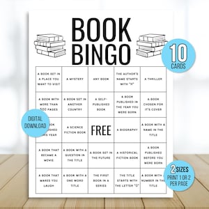 Book Bingo, 10 Printable Book Bingo Cards, Book Bingo Challenge, Book Challenge, Book Game, Reading Challenge, Reading Tracker, Reading Log