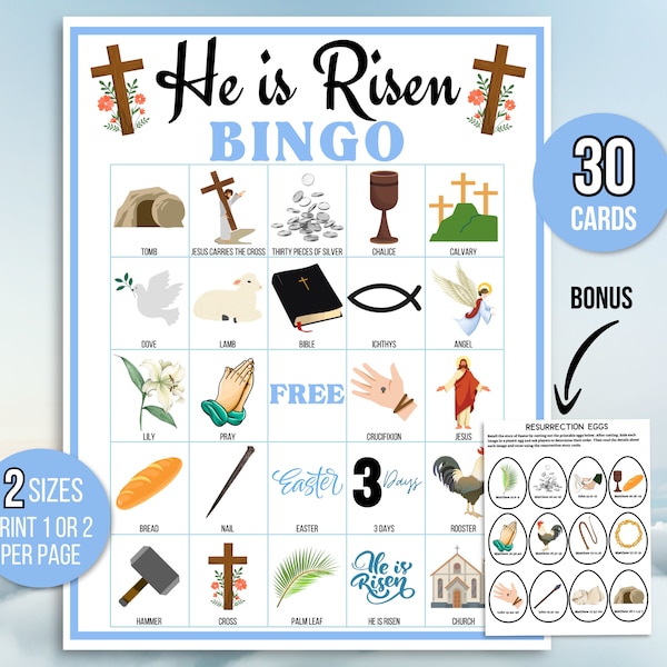 Wederopstanding Bingo, 30 Paasbingokaarten, Paasbijbel Bingo, Heilige Week Bingo, Paasspellen, Paasactiviteit voor kinderen, Paaszondag Bingo