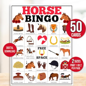 Paardenbingo, 50 paardenbingokaarten, paardenspel, paardenspel voor kinderen, paardenfeestspel, Kentucky Derby-feest, Kentucky Derby-bingokaarten