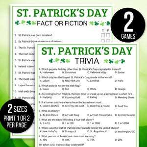 May include: Two printable St. Patrick's Day games, one fact or fiction and one trivia. The games are printed on a green shamrock background with a black circle containing the number 2 and the word "GAMES".