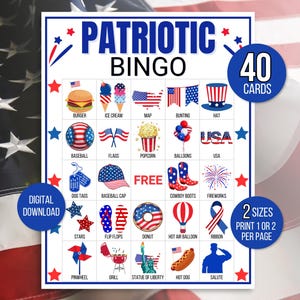Bingo patriótico, 40 tarjetas de bingo patriótico, bingo patriótico, bingo del Día de los Veteranos, juego patriótico, bingo del Día de los Caídos, juego de veteranos, Estados Unidos