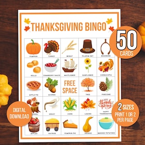 Thanksgiving Bingo, 50 Thanksgiving Bingo Cards, Thanksgiving Activity, Kids Thanksgiving Party Game, Thanksgiving Classroom Activity
