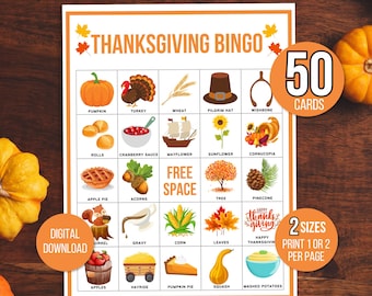 May include: A printable Thanksgiving Bingo game with 50 cards. The cards feature images of traditional Thanksgiving foods, decorations, and symbols, such as a turkey, pumpkin, cornucopia, pilgrim hat, and a mayflower ship. The game is designed for digital download and can be printed in two sizes.