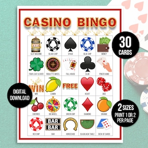 Bingo de casino, Jeu de casino, Activité party de casino, Imprimable casino, Jeu de fête de casino, Fête d'anniversaire de casino, Jeu de fête de casino pour adultes