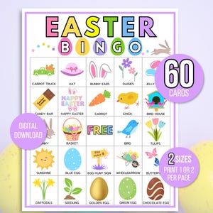 Bingo de Pascua, 60 tarjetas de bingo de Pascua imprimibles, actividad de Pascua para niños, juego de fiesta de Pascua para niños, actividad de Pascua para el aula, juego de Pascua