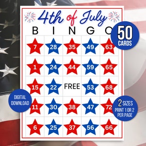 Bingo du 4 juillet, 50 cartes de bingo du 4 juillet, Bingo du 4 juillet, Bingo patriotique, Jeu du 4 juillet, Jeu du 4 juillet, Bingo du 4 juillet