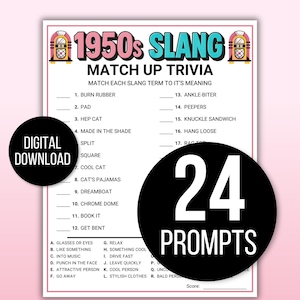 50er Trivia Spiel, 50er Spiel, 50er Slang Spiel, 50er Popkultur Quiz, Spaß 50er Jahre Printable, 50er Trivia, 50er Gesellschaftsspiel, 50er Kultur Spiel, 50er Quiz
