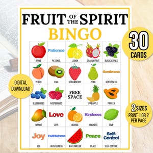 Fruit of the Spirit-bingo, bijbelbingo, 30 Fruit of the Spirit-bingokaarten, Bijbelactiviteit voor kinderen, Bijbelspel, Fruit of the Spirit-spel