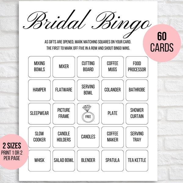 60 Bridal Bingo Cards, Unique Prefilled Bridal Bingo Game Cards, Bridal Gift Bingo Cards, Bridal Shower Bingo Game, Wedding Bingo