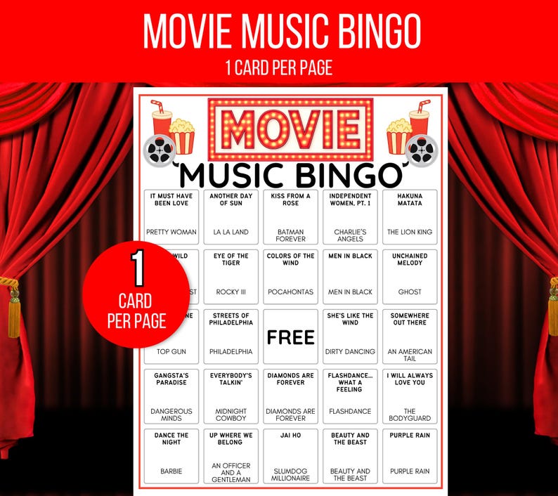 Movie Music Bingo, Movie Soundtrack Bingo, Music Bingo, Movie Soundtrack Songs Game, Music Bingo with Playlist, Music Office Party Game