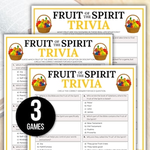 May include: Three trivia games titled "Fruit of the Spirit Trivia" with a basket of fruit graphic. The games have multiple-choice questions about the Bible. The games are on white paper with yellow borders and black text.