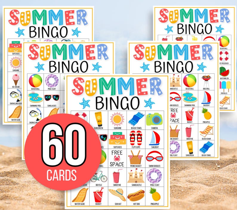 K&ouml;nnte beinhalten: Sechzig bunte Sommer-Bingo-Karten mit einer Vielzahl von sommerlichen Symbolen, darunter ein Strandball, Sonnenbrillen, Eiscreme und eine Sandburg. Die Karten sind auf wei&szlig;em Papier gedruckt und haben einen roten Kreis mit der Zahl 60 und dem Wort "KARTEN" in schwarzer Schrift.