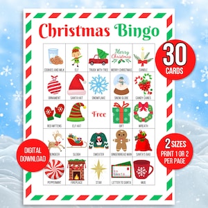 Weihnachtsbingo, 30 Weihnachtsbingokarten, Weihnachtsaktivität, Kinderweihnachtsfeierspiel, Weihnachtsklassenzimmer Aktivität, niedliches Weihnachtsbingo