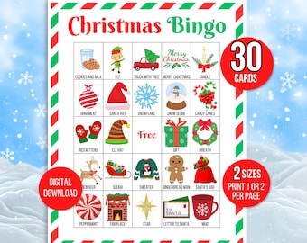 May include: A printable Christmas Bingo card with 25 squares featuring various Christmas-themed images, including a snowman, a reindeer, a candy cane, a snowflake, a gift, a fireplace, a star, a mug, a letter to Santa, and more. The card is designed for a digital download and can be printed in two sizes, with one or two cards per page. The text "Christmas Bingo" is at the top of the card, and the text "30 Cards" is in a red circle in the top right corner. The text "2 Sizes Print 1 or 2 per page" is in a red rectangle in the bottom right corner.