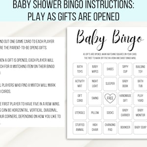 Pu&ograve; includere: Una scheda di bingo per baby shower stampabile con istruzioni. La scheda ha una griglia 5x5 con caselle per regali come giocattoli da bagno, salviette per bambini, scarpe, tazza per bere, giocattolo da costruzione, tappetino per attivit&agrave;, luce notturna, pigiama, libro per bambini, vasca da bagno, buono regalo, altalena, gratis, regalo fatto a mano, parco giochi, utensili, cuscino, calzini, marsupio, monitor per bambini, peluche, seggiolone, fasciatoio, saltatore e sapone per bambini.