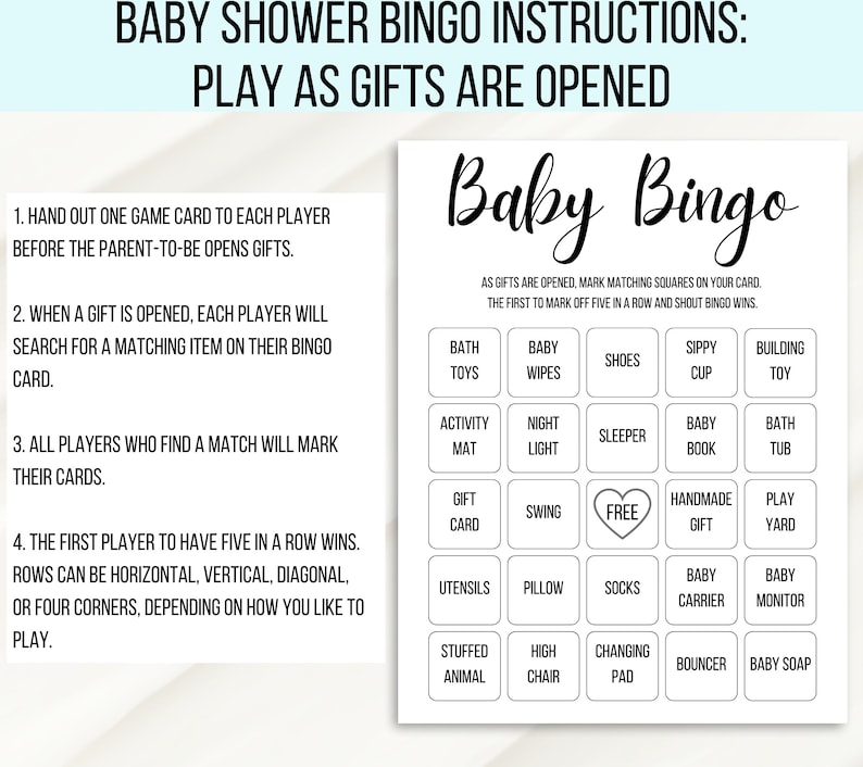 Pu&ograve; includere: Una scheda di bingo per baby shower stampabile con istruzioni. La scheda ha una griglia 5x5 con caselle per regali come giocattoli da bagno, salviette per bambini, scarpe, tazza per bere, giocattolo da costruzione, tappetino per attivit&agrave;, luce notturna, pigiama, libro per bambini, vasca da bagno, buono regalo, altalena, gratis, regalo fatto a mano, parco giochi, utensili, cuscino, calzini, marsupio, monitor per bambini, peluche, seggiolone, fasciatoio, saltatore e sapone per bambini.