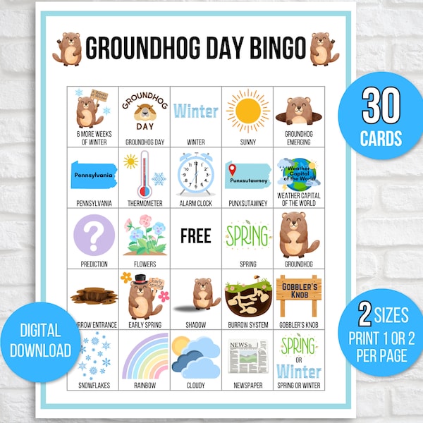 Groundhog Day Bingo, 30 Printable Groundhog Day Bingo Cards, Groundhog Day Party Game, Groundhog Day Classroom Activity, Groundhog Day Game