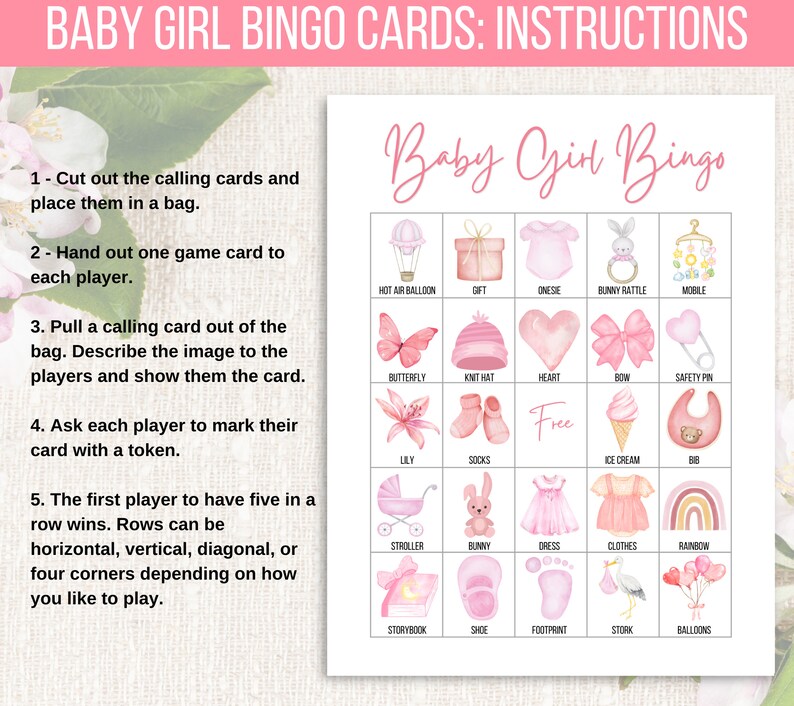 K&ouml;nnte beinhalten: Eine rosa und wei&szlig;e Bingokarte mit Bildern von Babyartikeln wie einem Hei&szlig;luftballon, einer Strickm&uuml;tze, einem Herzen, einer Schleife, einer Sicherheitsnadel, einem Kinderwagen, einem Hasen, einem Kleid, Kleidung, einem Regenbogen, einem Bilderbuch, einem Schuh, einem Fu&szlig;abdruck, einem Storch und Ballons. Die Karte tr&auml;gt oben den Schriftzug "Baby Girl Bingo".