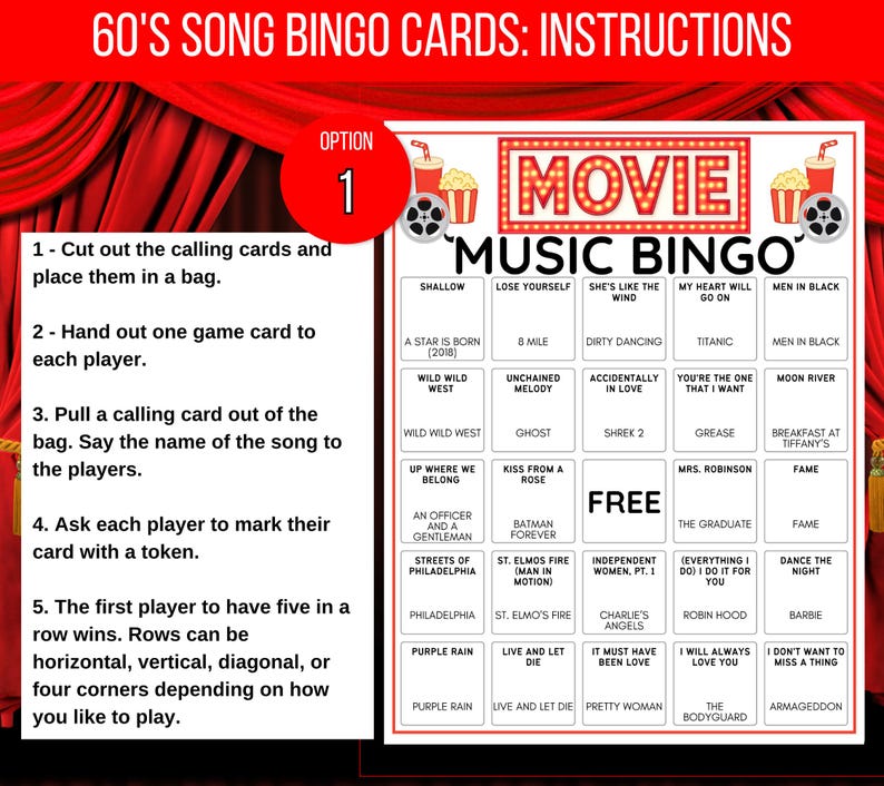 Movie Music Bingo, Movie Soundtrack Bingo, Music Bingo, Movie Soundtrack Songs Game, Music Bingo with Playlist, Music Office Party Game