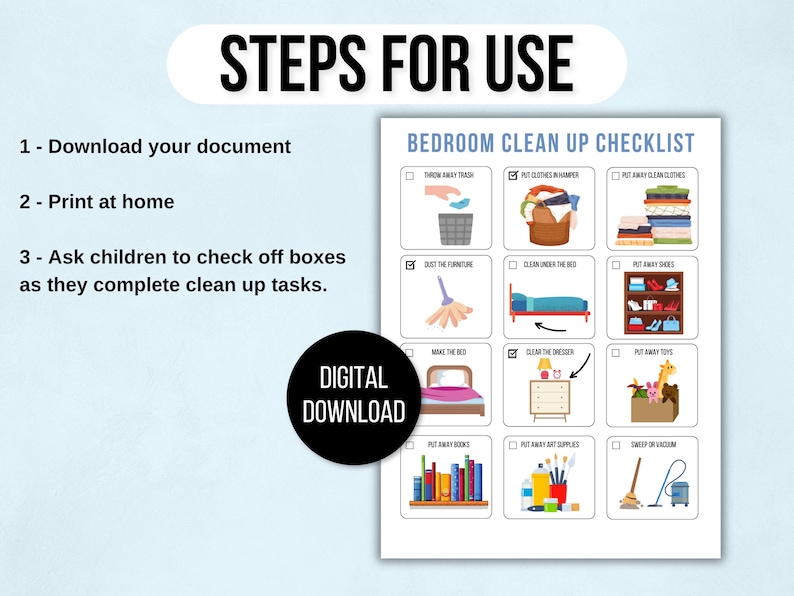 Kids Cleaning Checklist with Pictures, Kids Tidying Checklists, Kids Chore Chart, Kids Chore List, Kids Daily Routines, Kids Weekly Chores