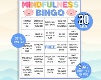 Mindfulness Bingo, 30 Mindfulness Bingo Cards for Kids, Gratitude Bingo, Mindfulness Activity, Mindfulness Game, Counseling Bingo