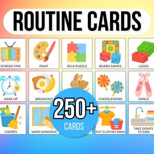 May include: Colorful routine cards with illustrations for various activities, including screen time, painting, and chores. The cards feature the text "ROUTINE CARDS" and "250+ CARDS".