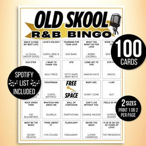 Bingo de R&B de la vieja escuela, bingo de canciones de rhythm and blues, bingo de música blues, 100 tarjetas de bingo de música imprimibles, juego de R&B, lista de Spotify de R&B