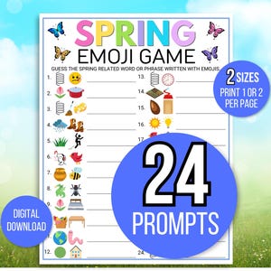 May include: A printable spring-themed emoji game with 24 prompts. The game features a variety of emojis related to spring, such as flowers, rain, and sunshine. The game is designed to be printed in two sizes, either one or two prompts per page.