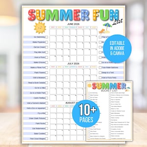 Bearbeitbare Sommer Bucket List, Sommerkalender Poster, Sommer-Checkliste, Ideen für die Sommerpause, Sommeraktivitäten, Kinder-Sommerkalender, Sommer