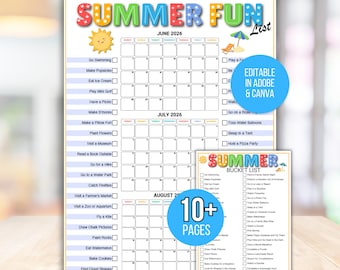 Bearbeitbare Sommer Bucket List, Sommerkalender Poster, Sommer-Checkliste, Ideen für die Sommerpause, Sommeraktivitäten, Kinder-Sommerkalender, Sommer