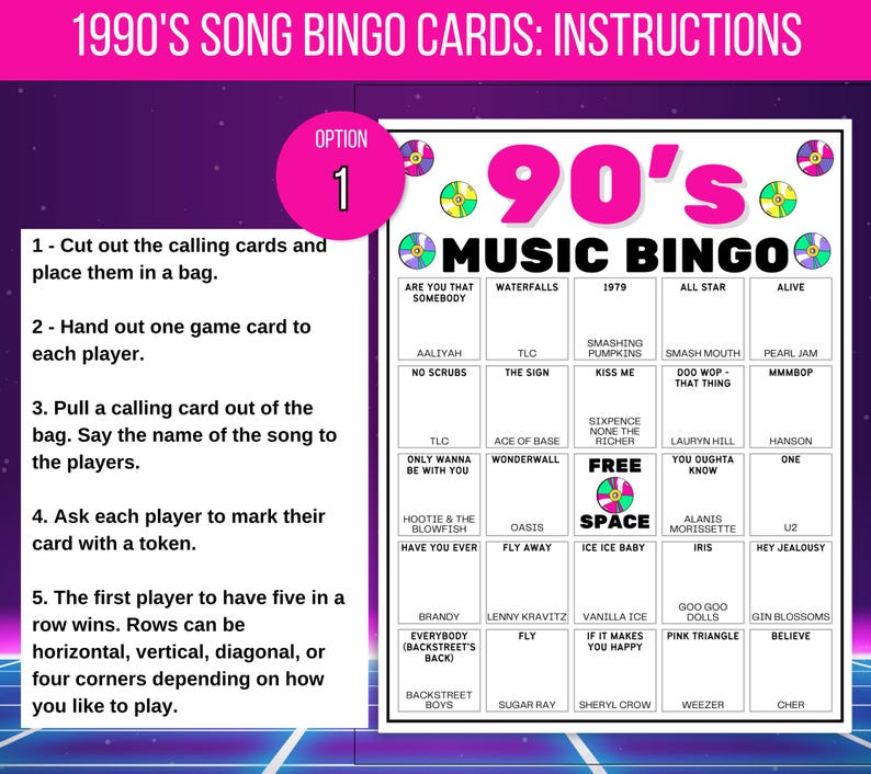 90s Bingo, 90s Song Bingo, 90s Music Bingo, 90s Retro Bingo, 50 Printable 1990s Bingo Cards, 90s Game, 90s Activity, 90s Spotify List Bingo