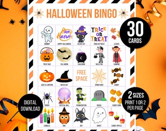 May include: Halloween Bingo game card with a festive orange and black border. The card features Halloween-themed illustrations and text, including a mummy, black cat, and jack-o'-lantern. The card includes the text "30 Cards" and "2 Sizes Print 1 or 2 per page".