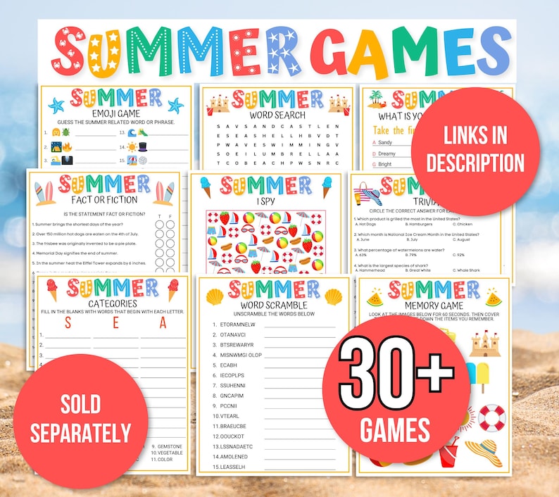 K&ouml;nnte beinhalten: Ein buntes, druckbares Set mit &uuml;ber 30 Spielen zum Thema Sommer. Die Spiele beinhalten Wortsuchen, Quizfragen, Ged&auml;chtnisspiele und vieles mehr. Die Spiele sind perfekt f&uuml;r Partys, Familienfeiern oder einfach nur zum Spa&szlig;.