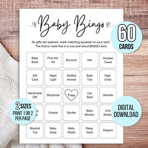 60 tarjetas de bingo para baby shower, tarjetas de bingo para bebés precargadas exclusivas, tarjetas de bingo para regalo de bebé, juego de bingo para baby shower, bingo minimalista para bebés 1