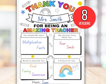 Teacher Appreciation Printable, Teacher Appreciation Gift, Teacher Thank You, All About Teacher Fill in Blank Printable, Teacher Thank You