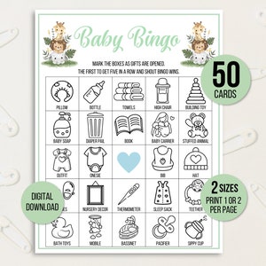 Baby Bingo, 50 Safari Baby Bingokarten, Babyparty Bingo, Babyparty Spiel, Babyparty Aktivität, druckbares Baby Bingo, Neutrales Baby Bingo