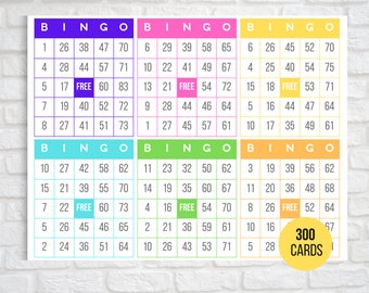 300 Bingo Cards, 6 Per Page, Fun Party Game, Classroom Activity, Bingo Game for Kids, Kids' Printable Bingo Game, 6 Rainbow Colors, Download