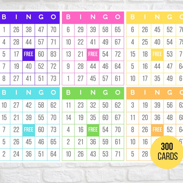 300 Bingo Cards, 6 Per Page, Fun Party Game, Classroom Activity, Bingo Game for Kids, Kids' Printable Bingo Game, 6 Rainbow Colors, Download