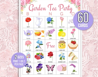 Tea Party Bingo, 60 Printable Tea Party Bingo Cards, Tea Party Game, Tea Party Activity, Birthday or Bridal Shower Bingo, Garden Tea Party