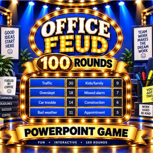 Puede incluir: Un tablero de juego digital titulado Office Feud 100 Rounds con marco dorado y fondo azul. El tablero muestra respuestas de encuestas como Traffic, Overslept y Car trouble con puntuaciones. Incluye texto como Fueled by Coffee.