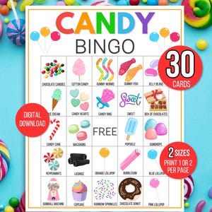 Bingo avec bonbons, 30 cartes de bingo avec bonbons imprimables, Bingo de friandises sucrées, Activité de bonbons, Jeu de bonbons, Fête d'anniversaire sur le thème des bonbons, Bonbons à imprimer