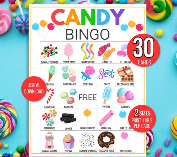 Candy Bingo, 30 Printable Candy Bingo Cards, Sweet Treats Bingo, Candy Activity, Candy Game, Candy Themed Birthday Party, Candy Printable