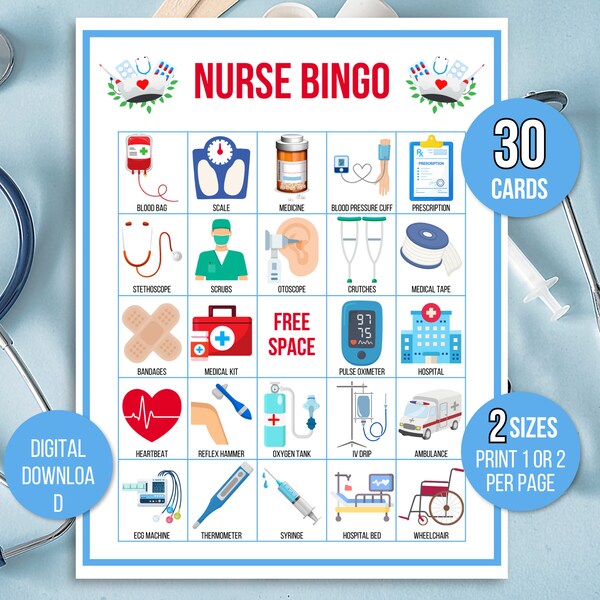 Nurse Bingo, 30 Printable Nurse Bingo Cards, Medical Bingo, Doctor Bingo, Nurse Graduation Party Game, Nurse Retirement Game, Nurse Game