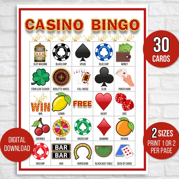 Bingo de casino, Jeu de casino, Activité party de casino, Imprimable casino, Jeu de fête de casino, Fête d'anniversaire de casino, Jeu de fête de casino pour adultes