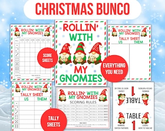 Könnte beinhalten: Ein Set von Weihnachts-Bunco-Spielbögen. Die Bögen enthalten Wertungsbögen, Zählbögen und Spielregeln. Der Satz "Rollin' with my Gnomies" wird mit Bildern von Zwergen hervorgehoben. Die Spielbögen sind weiß mit roten und grünen Akzenten.