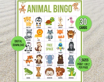 Bingo de animales, 30 cartas de bingo de animales imprimibles, juego de fiesta de animales, actividad de animales, bingo de cumpleaños de animales, juego de animales, bingo de zoológico, juego de zoológico