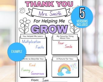 Thank You For Helping Me Grow Gift, Teacher Appreciation Gift, Teacher Appreciation Week, Teacher Thank You, All About My Teacher Fill In